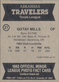 1983 TCMA Arkansas Travelers #21 Gotay Mills Back