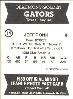 1983 TCMA Beaumont Golden Gators #14 Jeff Ronk Back