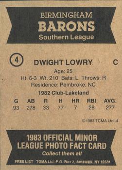 1983 TCMA Birmingham Barons #4 Dwight Lowry Back