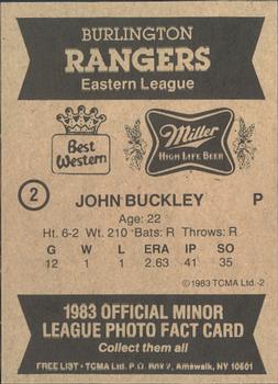 1983 TCMA Burlington Rangers #2 John Buckley Back