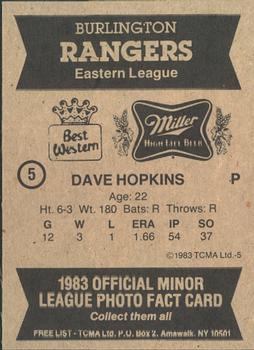 1983 TCMA Burlington Rangers #5 Dave Hopkins Back