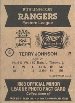 1983 TCMA Burlington Rangers #6 Terry Johnson Back