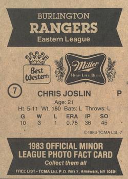 1983 TCMA Burlington Rangers #7 Chris Joslin Back