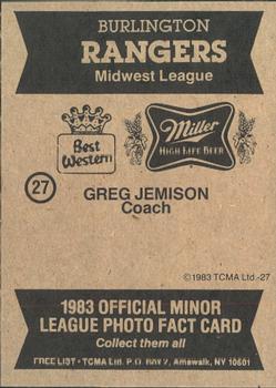 1983 TCMA Burlington Rangers #27 Greg Jemison Back