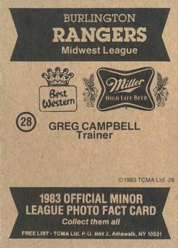 1983 TCMA Burlington Rangers #28 Greg Campbell Back