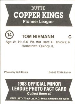 1983 TCMA Butte Copper Kings #14 Tom Niemann Back