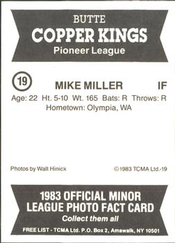 1983 TCMA Butte Copper Kings #19 Mike Miller Back