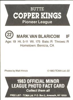 1983 TCMA Butte Copper Kings #22 Mark Van Blaricom Back