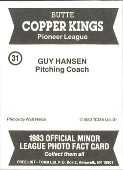 1983 TCMA Butte Copper Kings #31 Guy Hansen Back