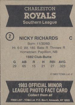 1983 TCMA Charleston Royals #2 Nicky Richards Back