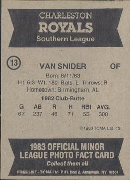 1983 TCMA Charleston Royals #13 Van Snider Back