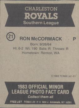 1983 TCMA Charleston Royals #21 Ron McCormack Back