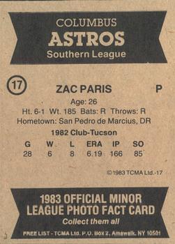 1983 TCMA Columbus Astros #17 Zack Paris Back