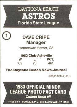 1983 TCMA Daytona Beach Astros #1 Dave Cripe Back