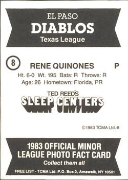 1983 TCMA El Paso Diablos #8 Rene Quinones Back