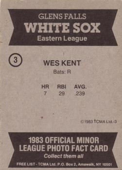 1983 TCMA Glen Falls White Sox #3 Wes Kent Back