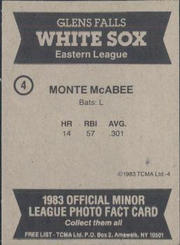 1983 TCMA Glen Falls White Sox #4 Monte McAbee Back