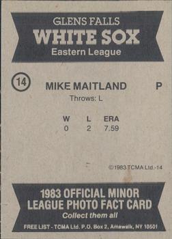 1983 TCMA Glen Falls White Sox #14 Mike Maitland Back