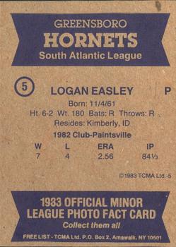 1983 TCMA Greensboro Hornets #5 Logan Easley Back