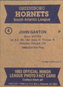 1983 TCMA Greensboro Hornets #6 John Gaston Back