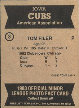 1983 TCMA Iowa Cubs #3 Tom Filer Back