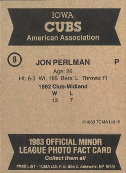 1983 TCMA Iowa Cubs #8 Jon Perlman Back