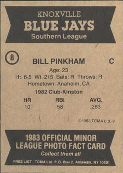 1983 TCMA Knoxville Blue Jays #8 Bill Pinkham Back