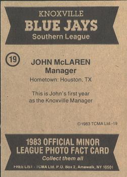 1983 TCMA Knoxville Blue Jays #19 John McLaren Back