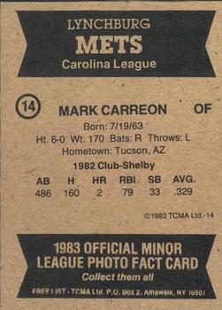 1983 TCMA Lynchburg Mets #14a Mark Carreon Back