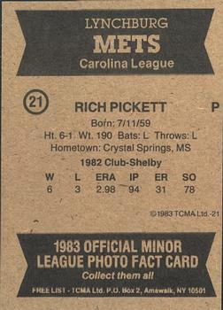 1983 TCMA Lynchburg Mets #21 Rich Pickett Back