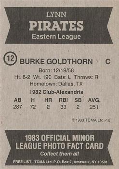 1983 TCMA Lynn Pirates #12 Burke Goldthorn Back