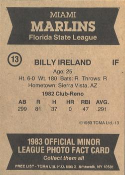 1983 TCMA Miami Marlins #13 Billy Ireland Back