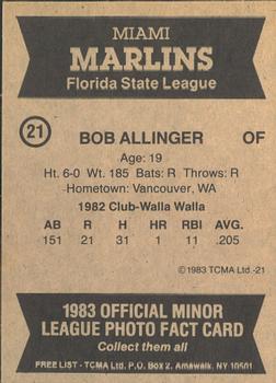 1983 TCMA Miami Marlins #21 Bob Allinger Back