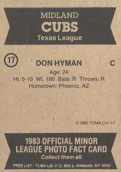 1983 TCMA Midland Cubs #17 Don Hyman Back