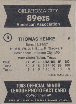 1983 TCMA Oklahoma City 89ers #9 Thomas Henke Back