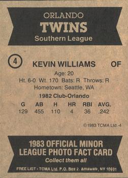 1983 TCMA Orlando Twins #4 Kevin Williams Back