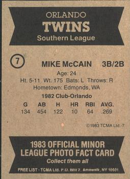 1983 TCMA Orlando Twins #7 Mike McCain Back