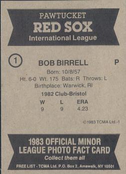1983 TCMA Pawtucket Red Sox #1 Bob Birrell Back