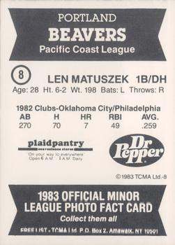 1983 TCMA Portland Beavers #8 Len Matuszek Back