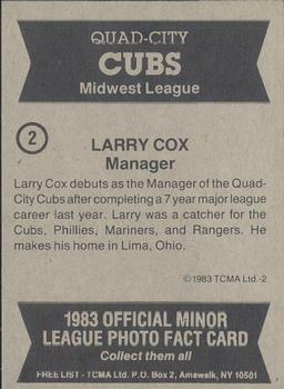 1983 TCMA Quad City Cubs #2 Larry Cox Back