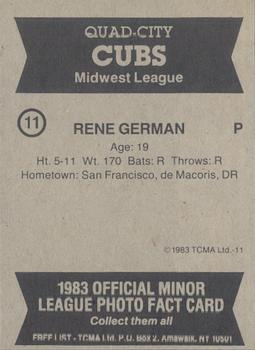 1983 TCMA Quad City Cubs #11 Rene German Back