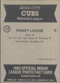 1983 TCMA Quad City Cubs #13 Randy Lockie Back