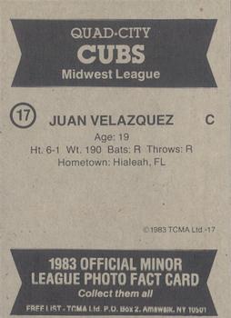 1983 TCMA Quad City Cubs #17 Juan Velazquez Back
