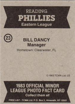 1983 TCMA Reading Phillies #23 Bill Dancy Back