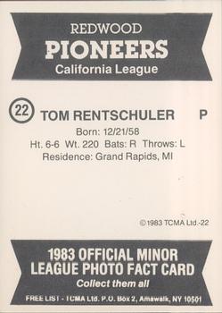 1983 TCMA Redwood Pioneers #22 Tom Rentschler Back