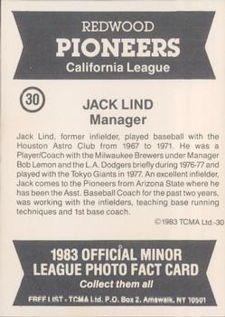 1983 TCMA Redwood Pioneers #30 Jack Lind Back