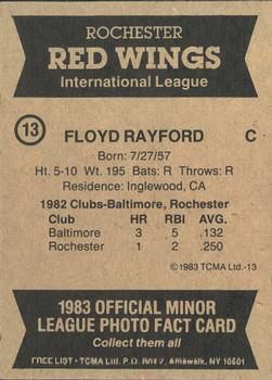 1983 TCMA Rochester Red Wings #13 Floyd Rayford Back