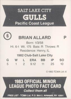 1983 TCMA Salt Lake City Gulls #6 Brian Allard Back