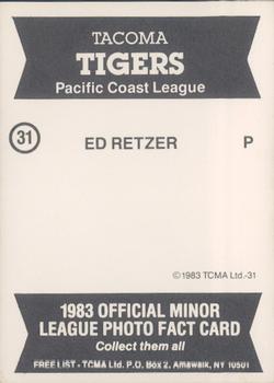 1983 TCMA Tacoma Tigers #31 Ed Retzer Back