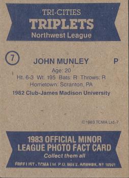 1983 TCMA Tri-Cities Triplets #7 John Munley Back